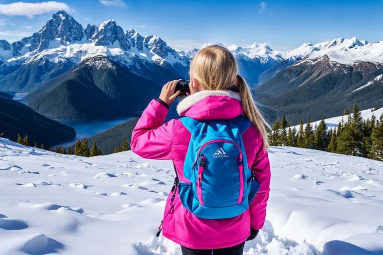 a woman in a pink and blue jacket using binoculars in a mountain range