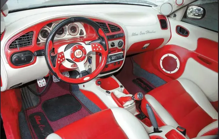 a red and white interior of a car