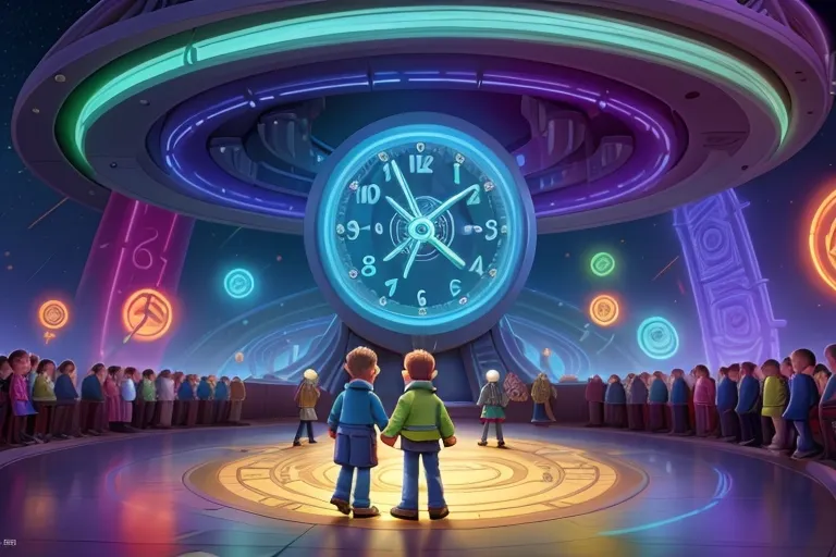 The time machine whirs and flashes once again, and the kids find themselves hurtling through time once more, surrounded by futuristic lights and swirling colors.