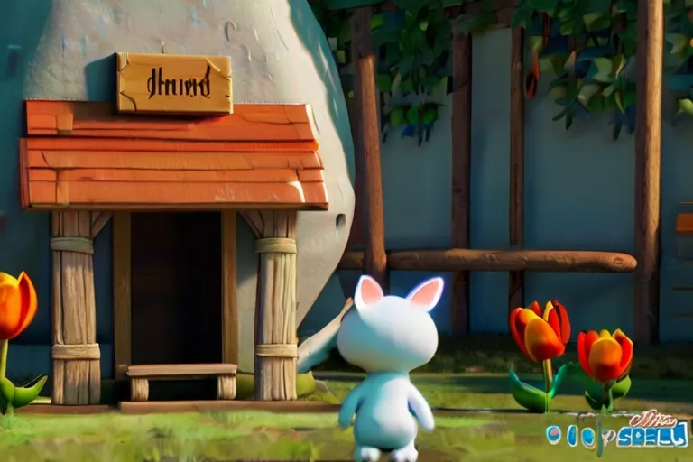 a little bunny standing in front of a house