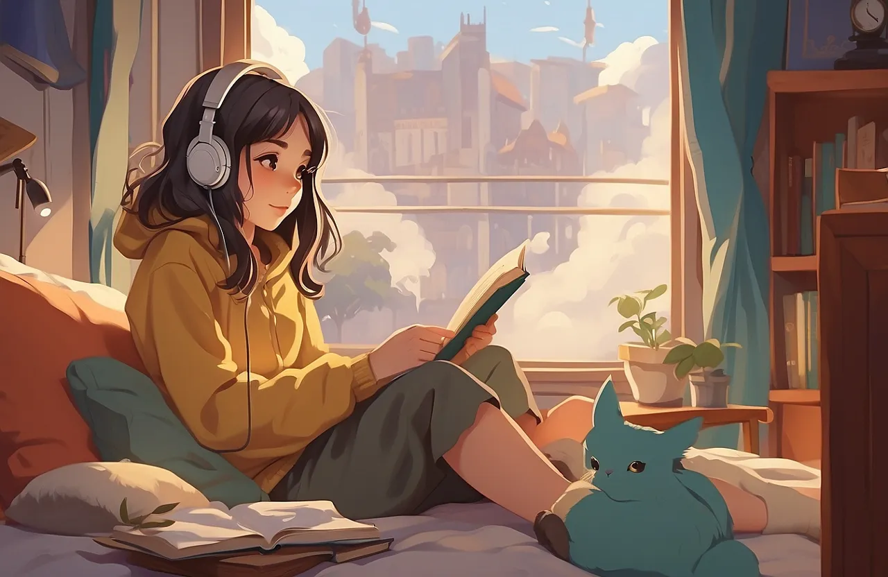 a girl sitting on a bed reading a book