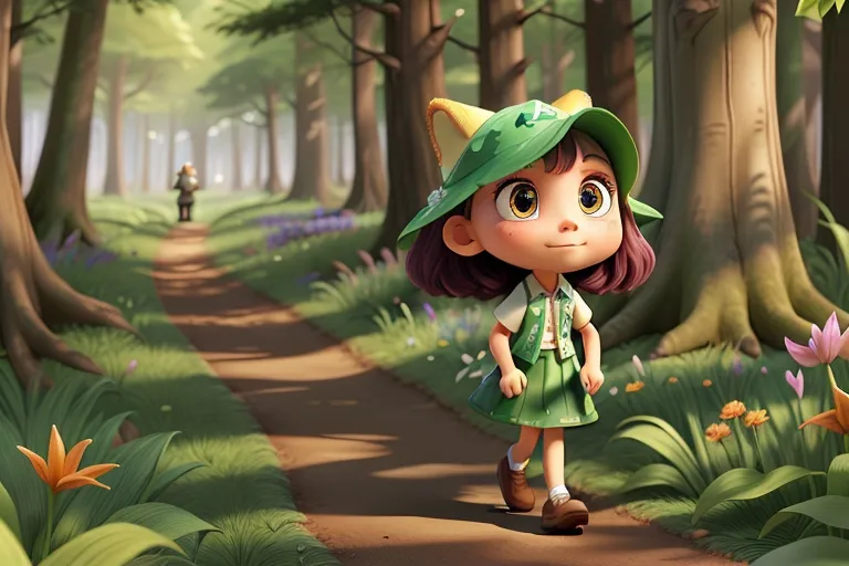 Lily wanders through a sun-dappled forest, her path lined with towering trees and patches of wildflowers, her eyes wide with curiosity as she takes in the natural beauty that surrounds her.

