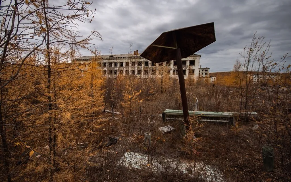 an abandoned building in the middle of a forest