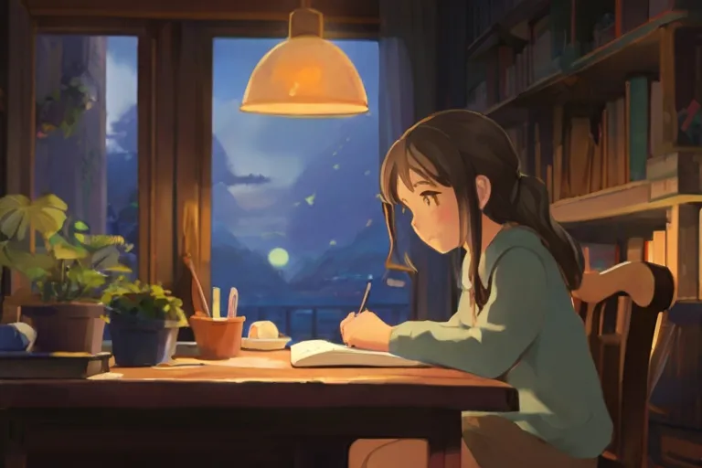 a girl sitting at a table writing in front of a window