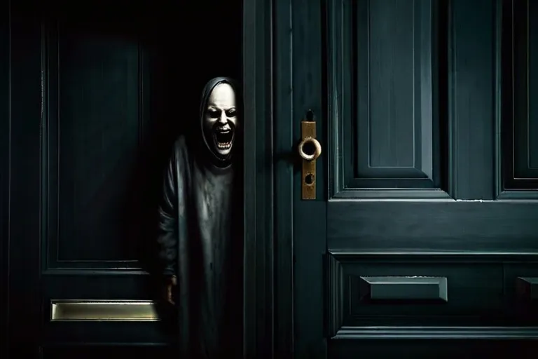 a person in a creepy mask peeking out of a door