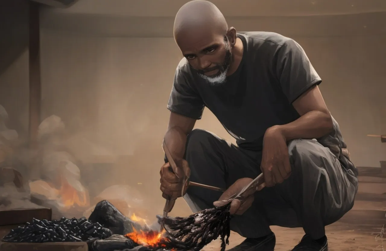 a 35-year-old man from Africa making charcoal 