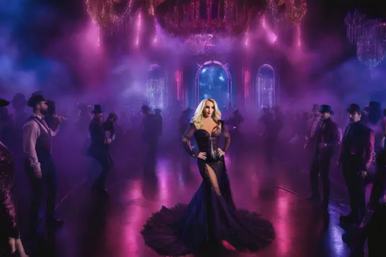 Highly detailed hyper realistic Britney Spears looking stunning in intricate complex and detailed  moulin rouge cinematic environment, dark mysterious atmospheric studio lighting, stunning drone tracking footage in the highest quality possible 