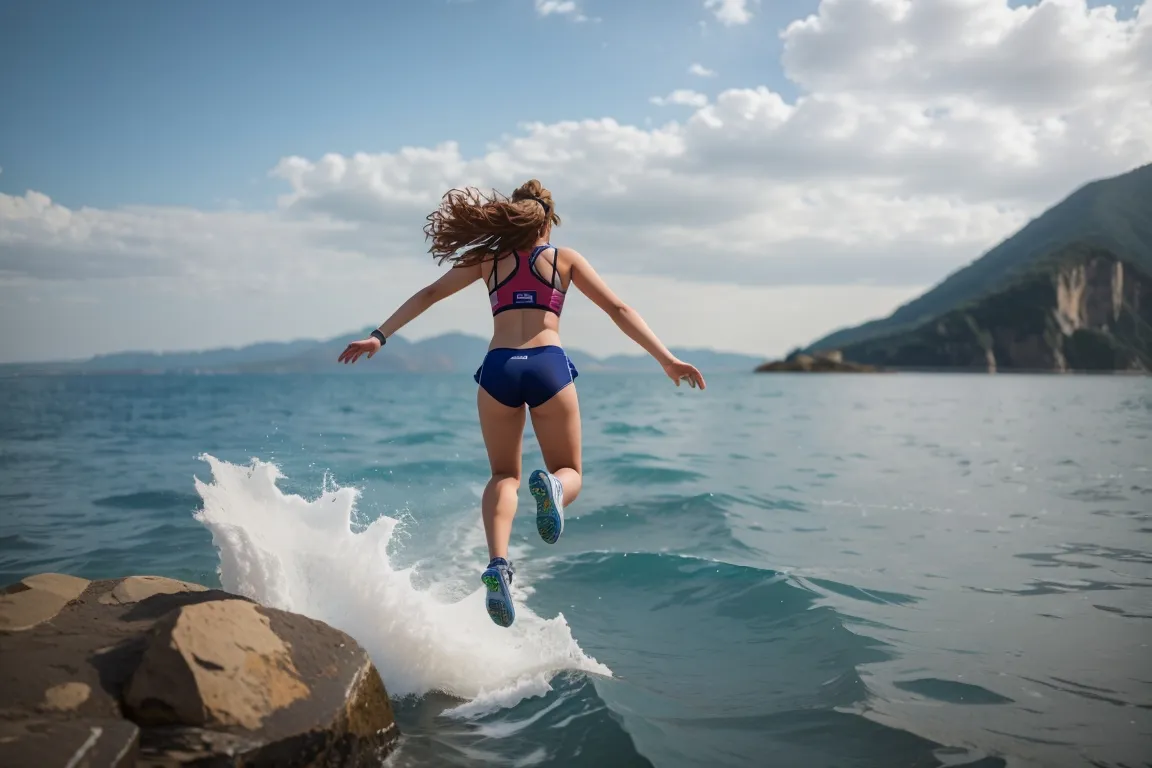 a woman jumping off a rock into the ocean