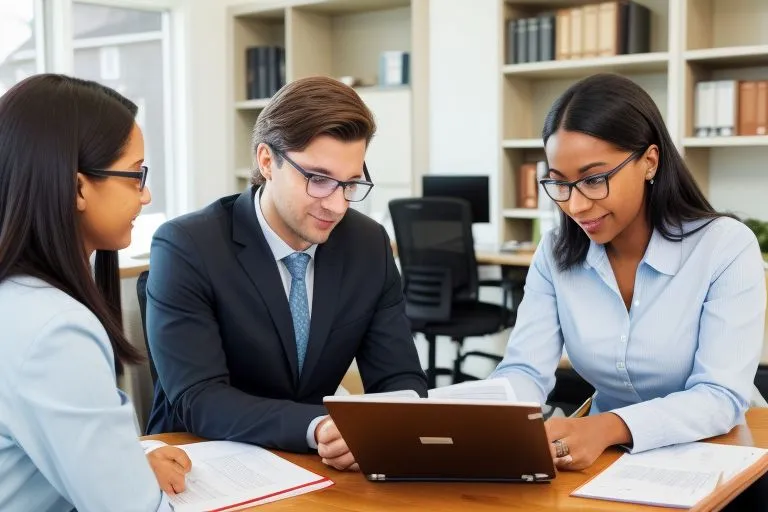 three people sitting at a table looking at a laptop