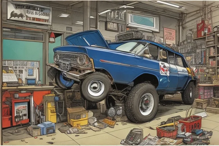 a painting of a blue truck in a garage