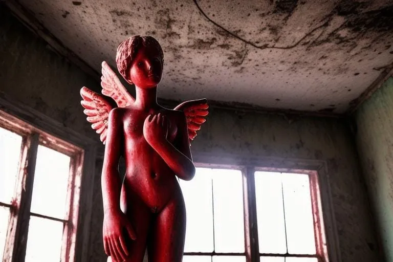 a statue of an angel in a room with two windows