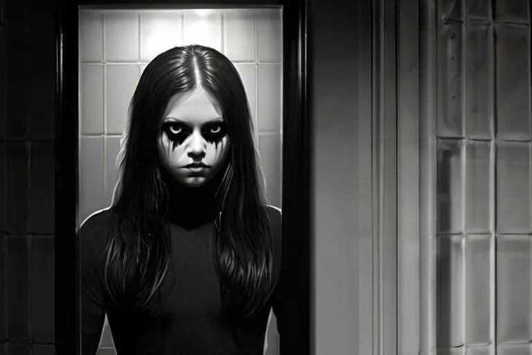 Drawn to the mirror, Sarah approached it slowly. As she looked into the glass, she was startled to see a reflection of herself, but with one chilling difference - her reflection had hollow, black eyes that seemed to stare right through her. Panicking, Sarah turned away from the mirror and tried to find the door, but it had vanished.