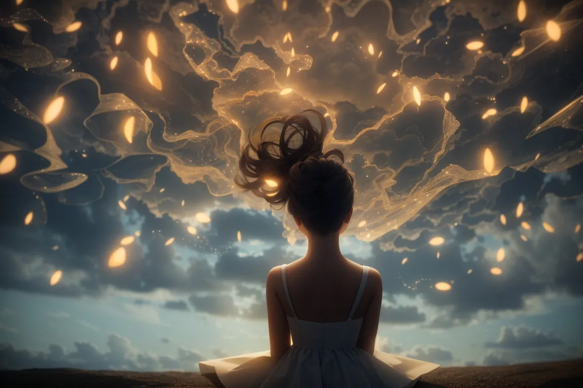 a woman in a white dress looking up at a sky filled with clouds