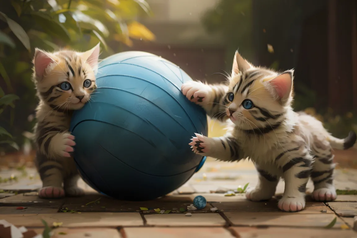 two kittens playing with a blue ball on the ground