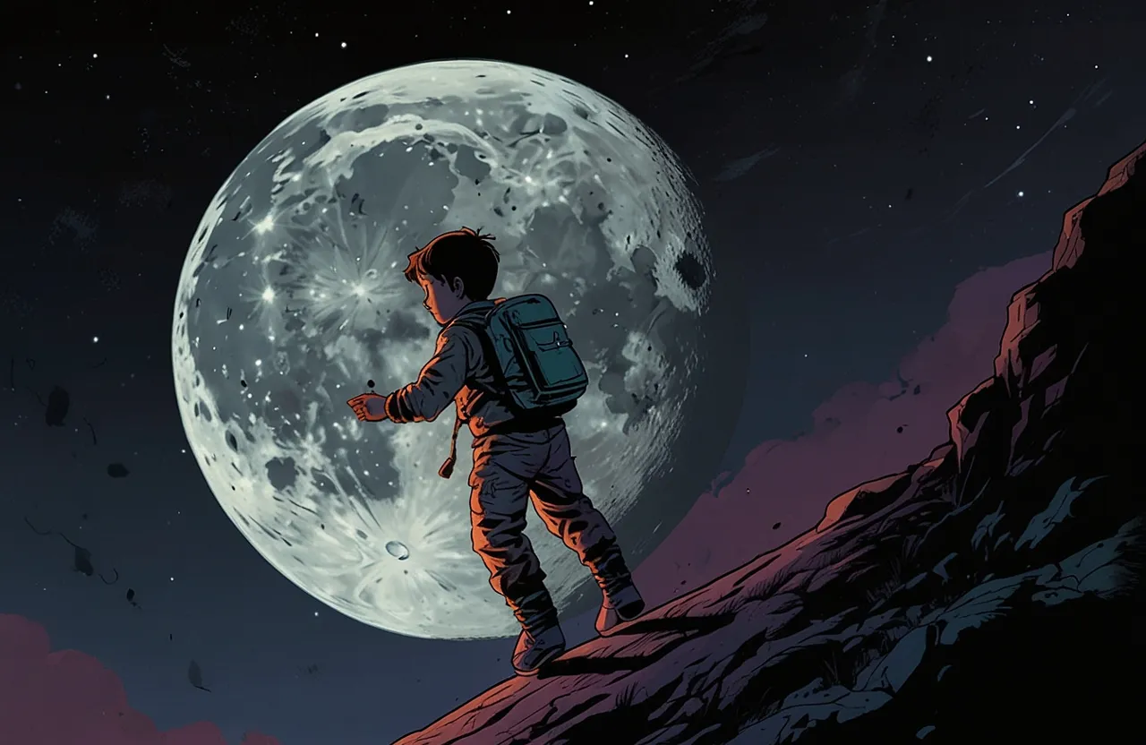 a man with a backpack standing on a hill looking at the moon