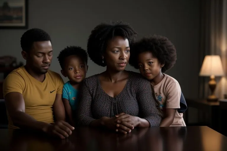 a family sitting at a table in a dark room