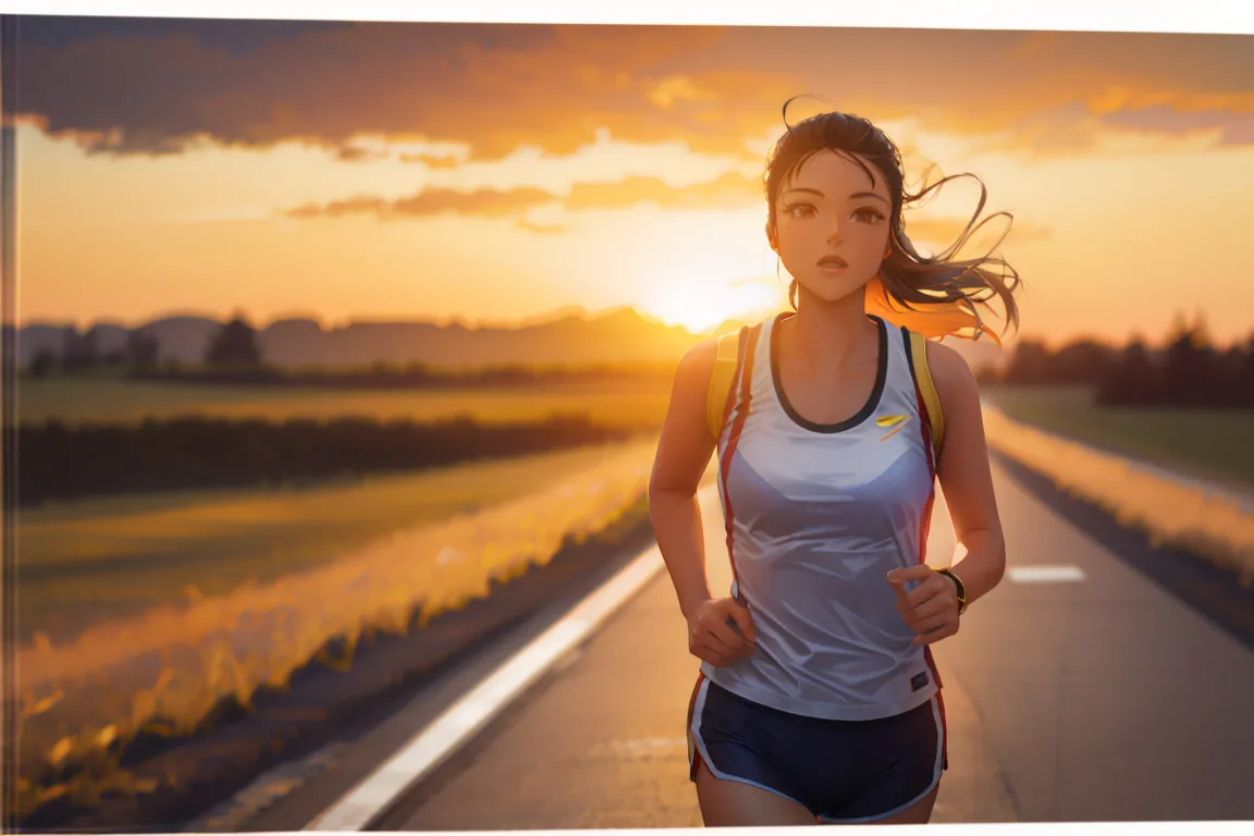 a woman running down a road at sunset