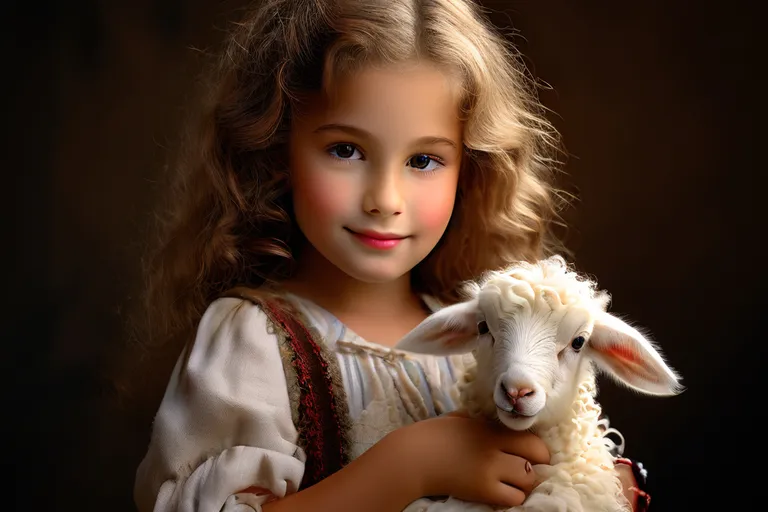 a little girl holding a sheep in her arms