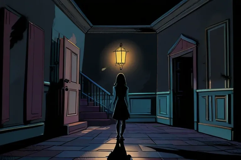 "In a moment of relief, Emily discovers a hidden passage leading to an exit. Exhausted but hopeful, she makes her escape, leaving the haunting presence behind in the shadows of the mansion."
