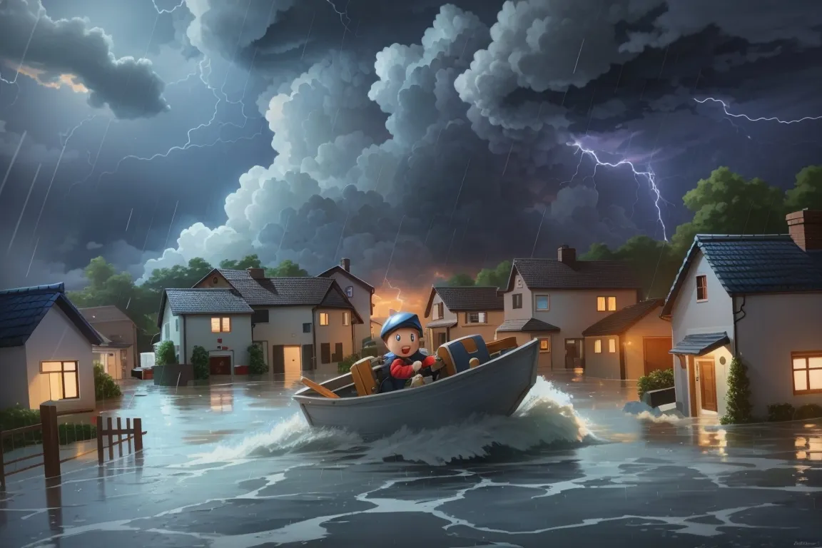 A boy in a boat during a storm 