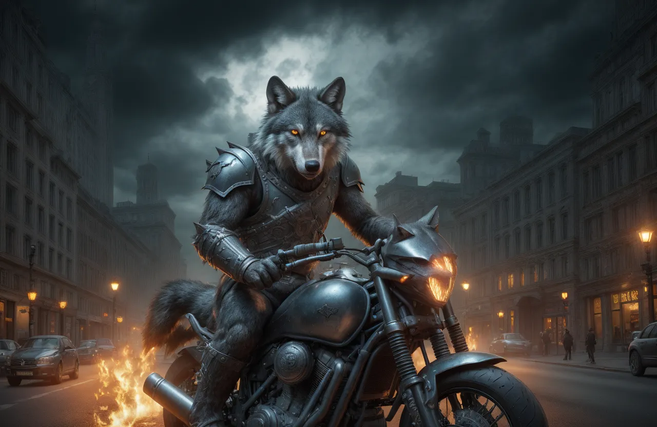 a wolf riding a motorcycle on a city street