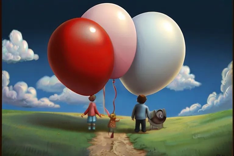 a painting of a man and a woman holding balloons