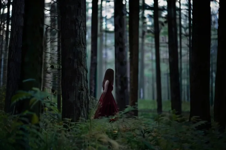 a woman in a red dress walking through a forest