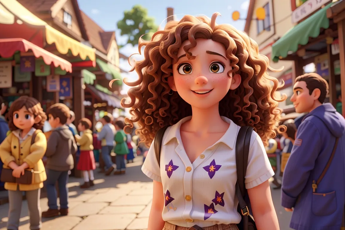 Lily skips through the village square, her curly hair bouncing with each joyful step, as she takes in the vibrant sights and sounds of the bustling market stalls.

