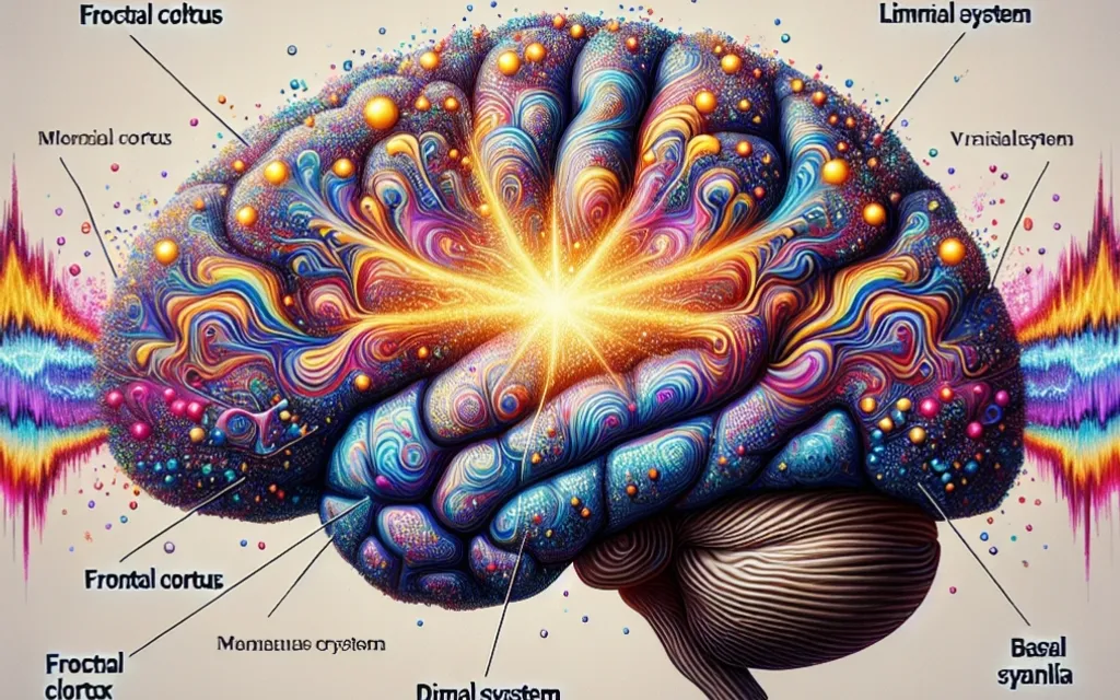 A representation of the release of dopamine in the brain while listening to music.