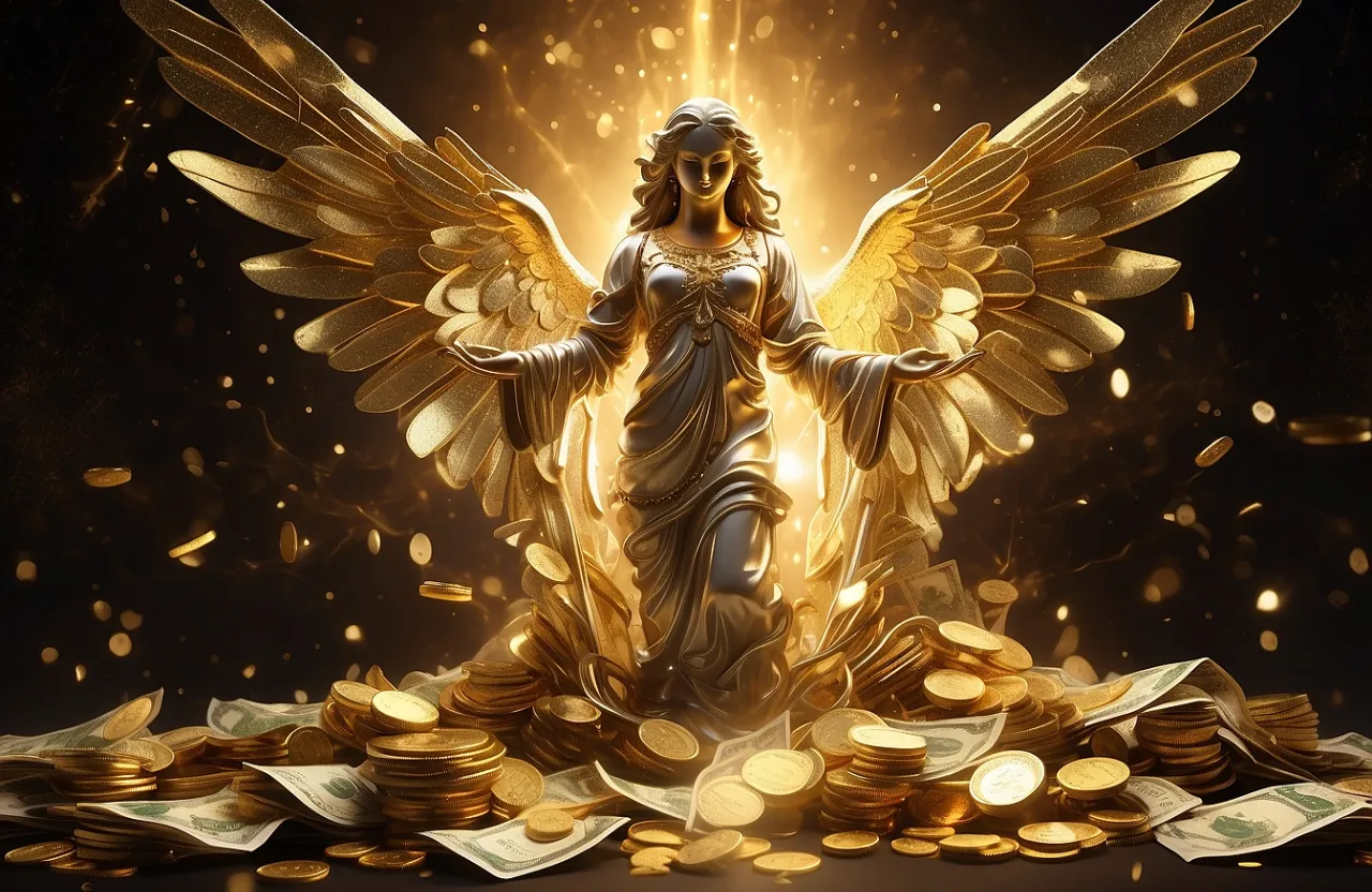 a golden angel surrounded by stacks of money