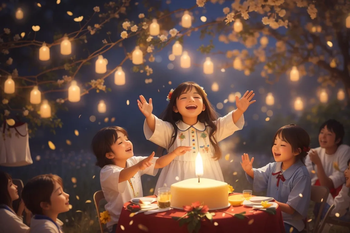 a group of children sitting around a table with a cake