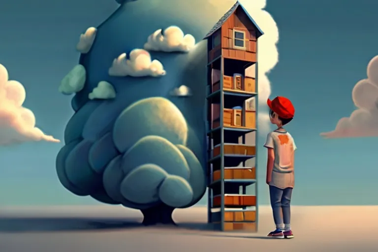 a boy standing in front of a tree house