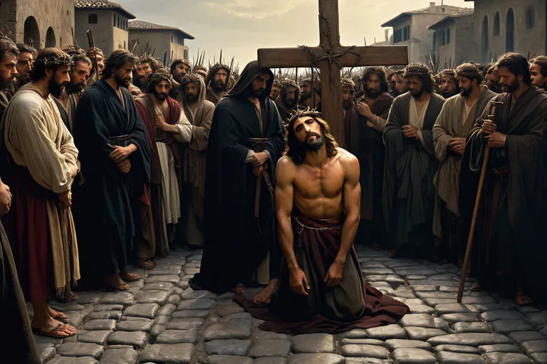 a group of people standing around a cross