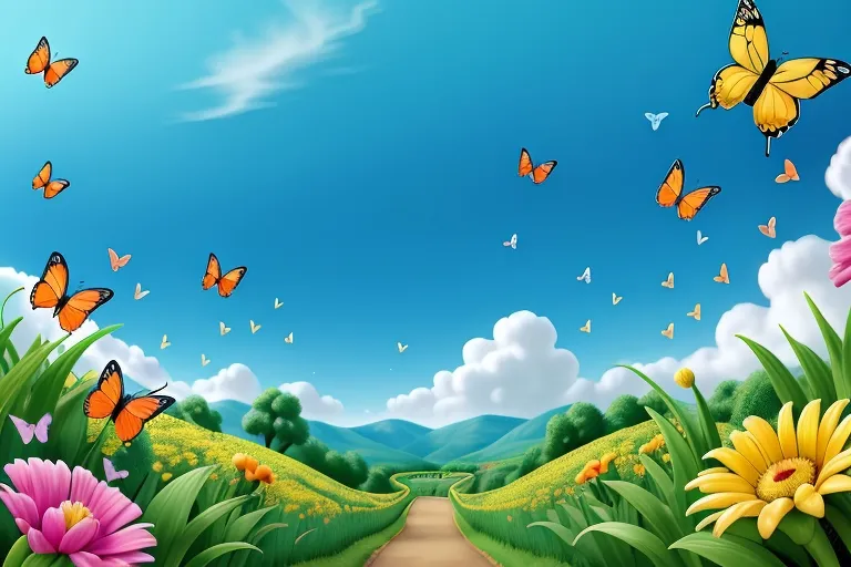 Butterflies flitting through the air, adding splashes of color to the scene.