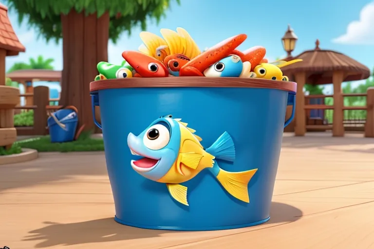 a blue bucket filled with different types of toys