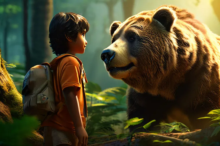 a boy standing next to a bear in a forest