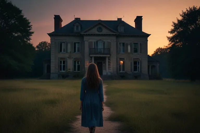 "As dusk falls, Emily, a curious and adventurous young woman, approaches an old, abandoned mansion. The mansion stands silent and foreboding, its ornate facade hinting at mysteries hidden within."