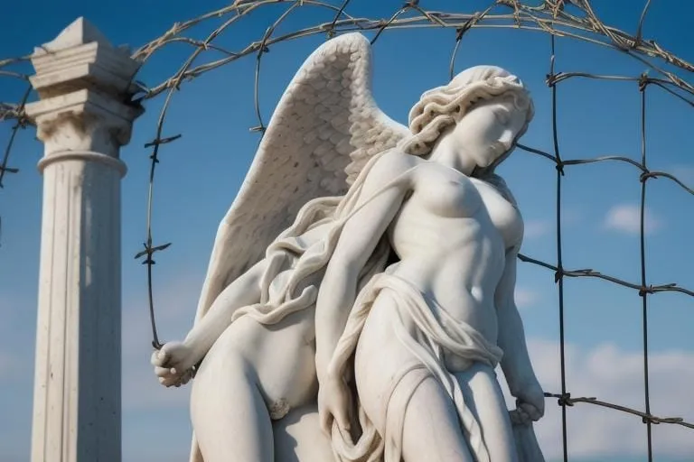 a statue of an angel sitting next to a barbed wire fence