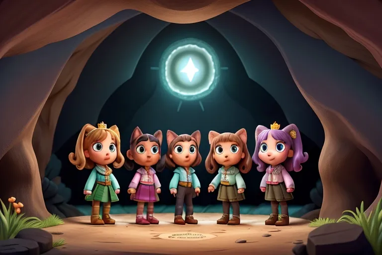 Sparkle and her friends exchanging curious glances as they stand before the dark entrance of the mysterious cave.