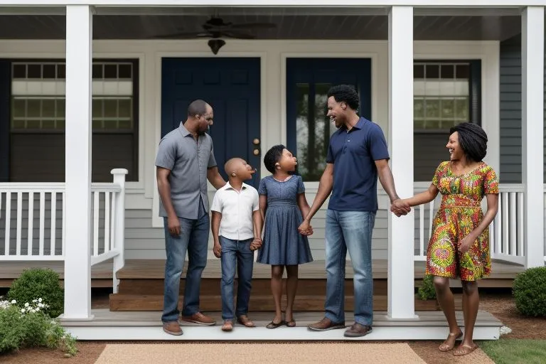 a group of people standing on a porch of there newly purchased home