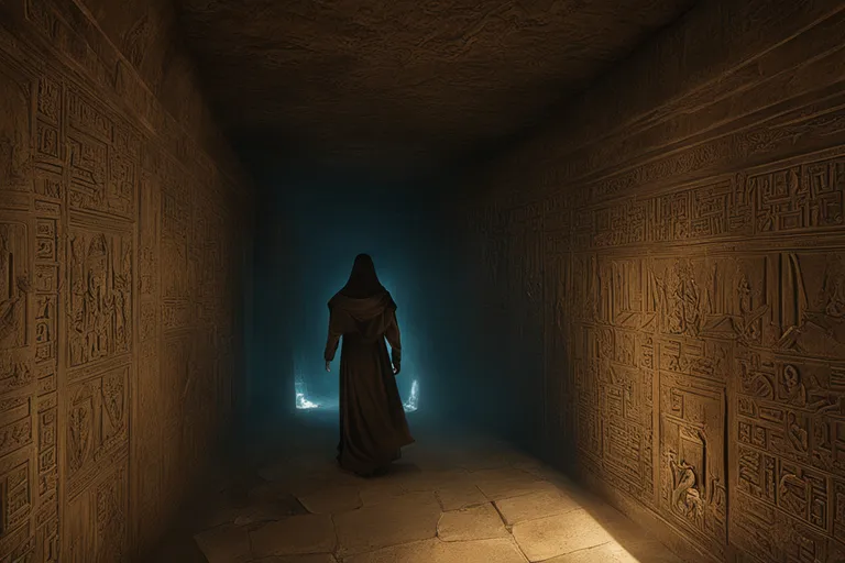 a person in a dark room with egyptian writing on the walls