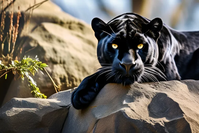 a black panther laying on top of a rock