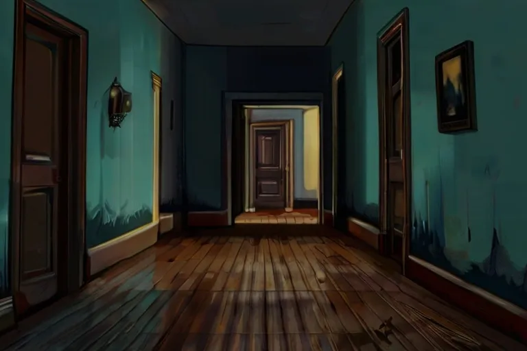 an empty hallway with a door and a picture on the wall