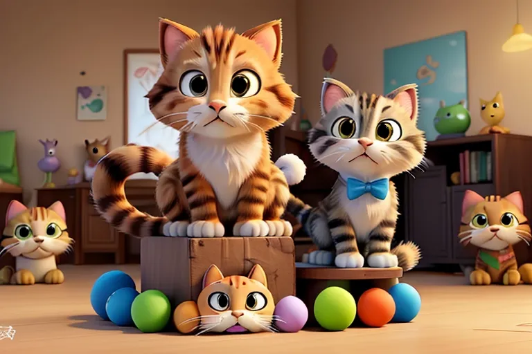 Whiskers, the mischievous cat, perches atop a pile of toys, his tail flicking playfully as he surveys the chaos he's caused. Teddy, Clara, and Rex exchange determined looks, ready to take on the challenge of calming the playful feline.


