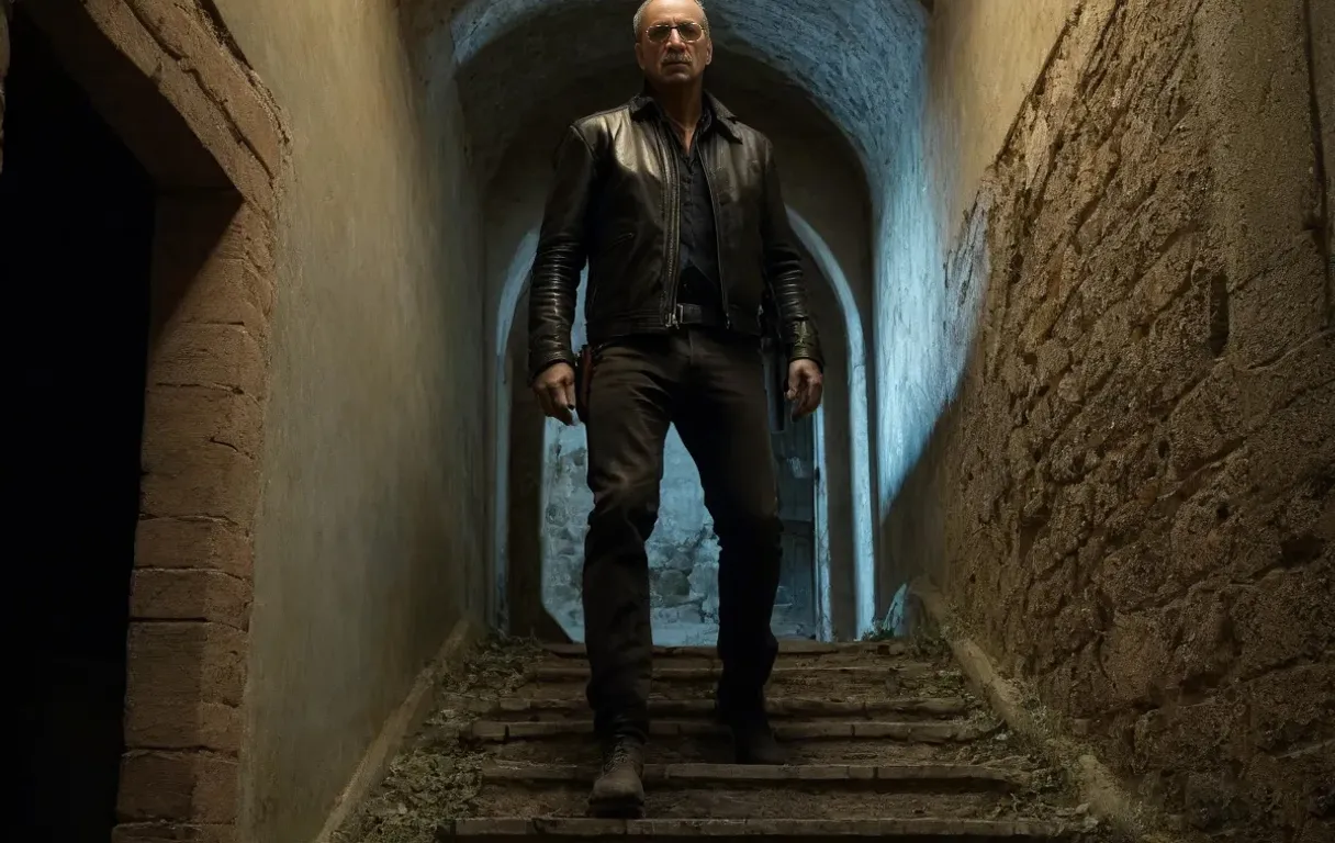 a man in a black jacket is walking down a set of stairs