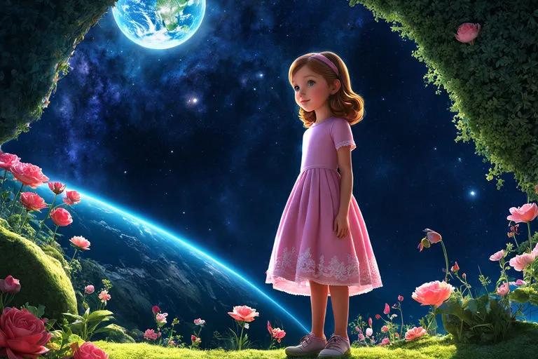 a little girl in a pink dress standing in a field of flowers 