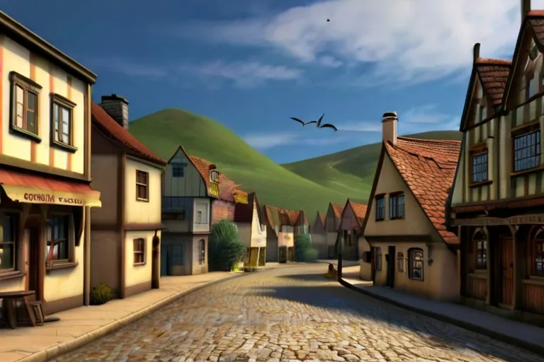 a digital painting of a cobblestone street in a small town