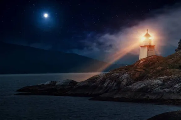 a lighthouse on a rocky shore with a full moon in the background