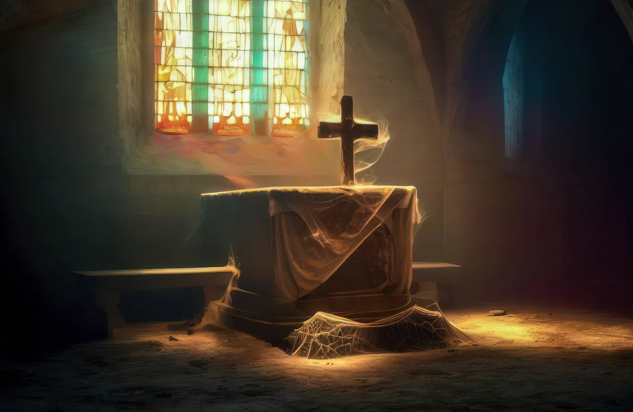 a cross on a table in front of a stained glass window