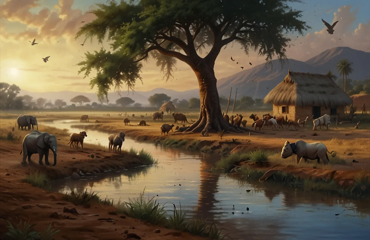 a painting of a herd of animals by a river